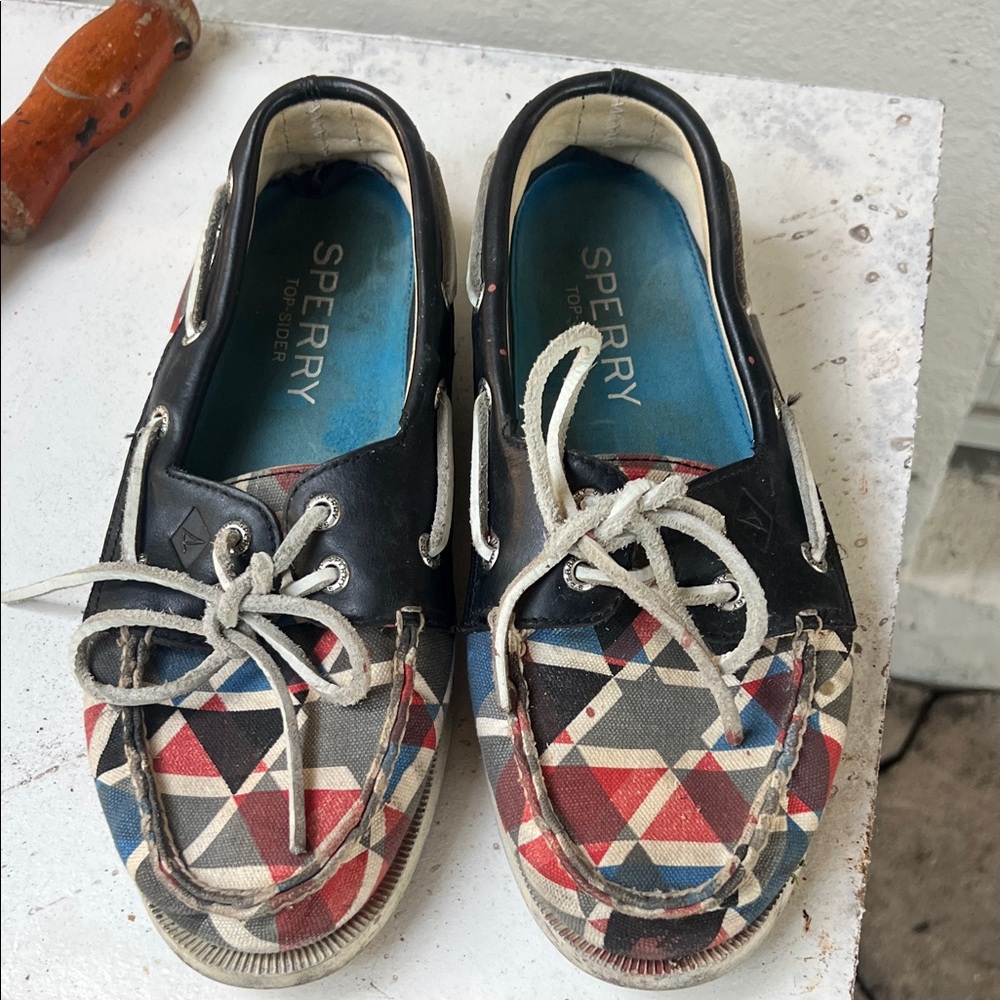Sperry Kids Red Blue Black Geometric Canvas Boat Shoes